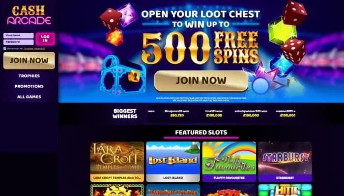 Cash Arcade Casino website screenshot