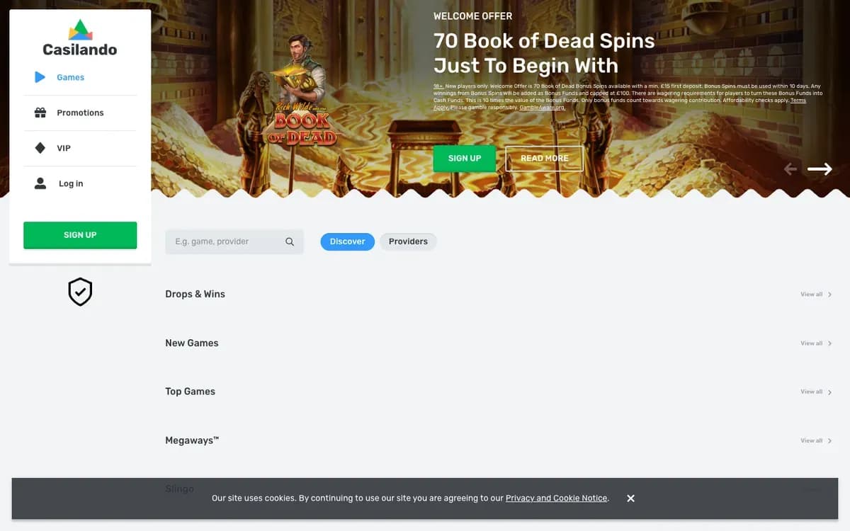 Casilando Casino website screenshot