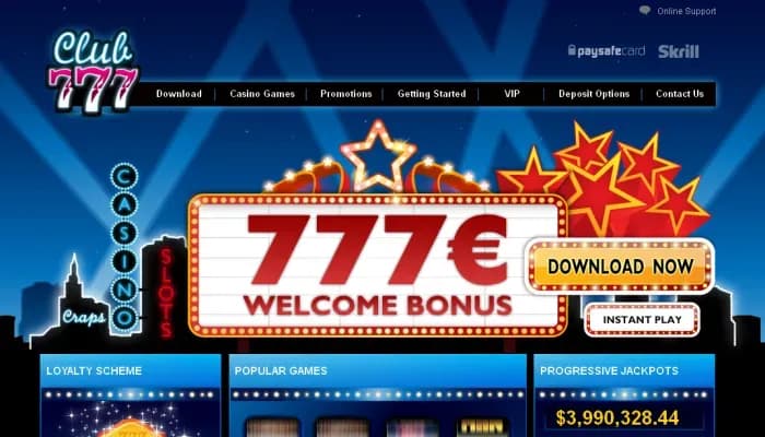Club777 Casino website screenshot