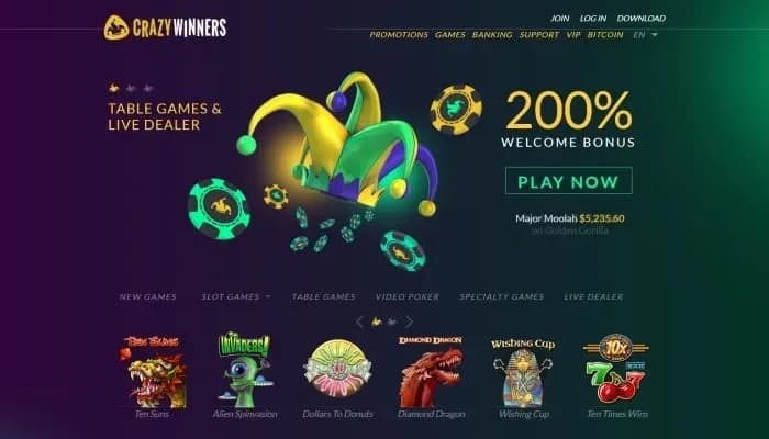 CrazyWinners Casino website screenshot