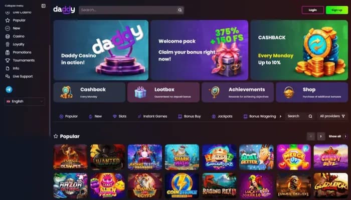 Daddy Casino website screenshot