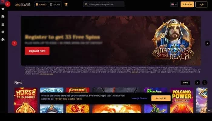 Dukes Casino website screenshot