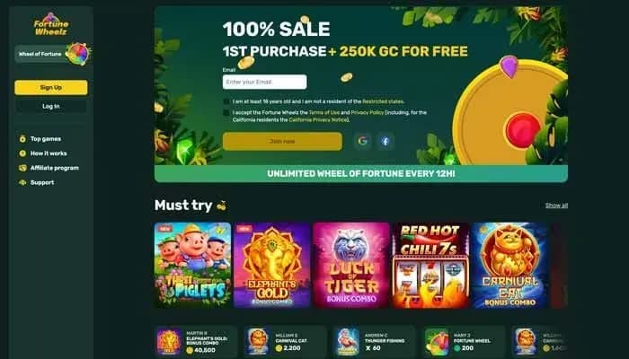 Fortune Wheelz Casino website screenshot