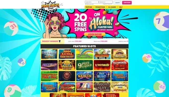 Free Spins Bingo Casino website screenshot