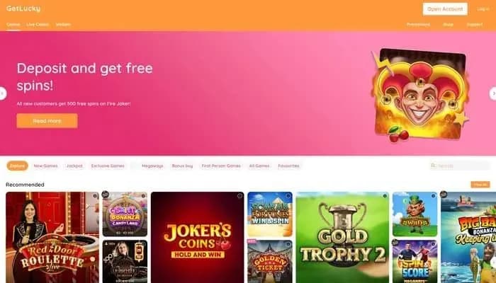 GetLucky Casino website screenshot