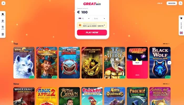 GreatWin Casino website screenshot