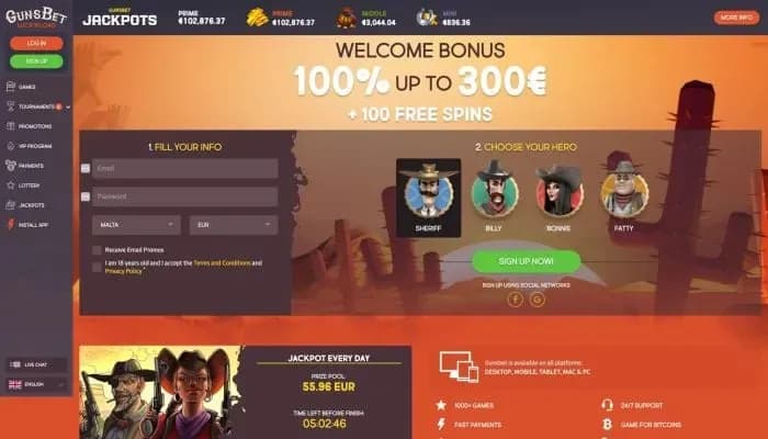 Gunsbet Casino website screenshot