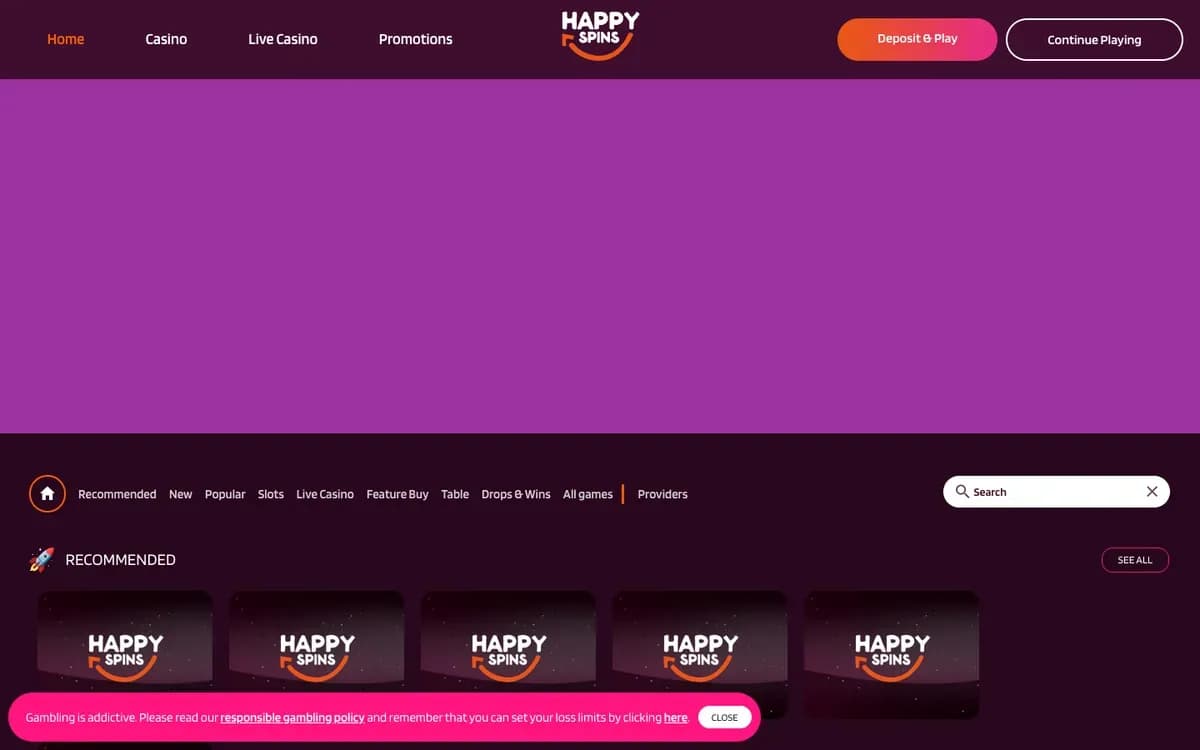 HappySpins Casino website screenshot