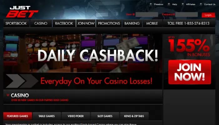 Justbet Casino website screenshot