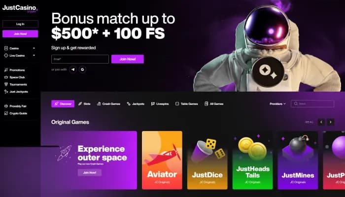 JustCasino.io website screenshot