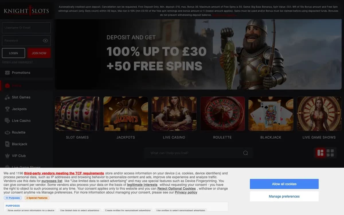 Knightslots Casino website screenshot