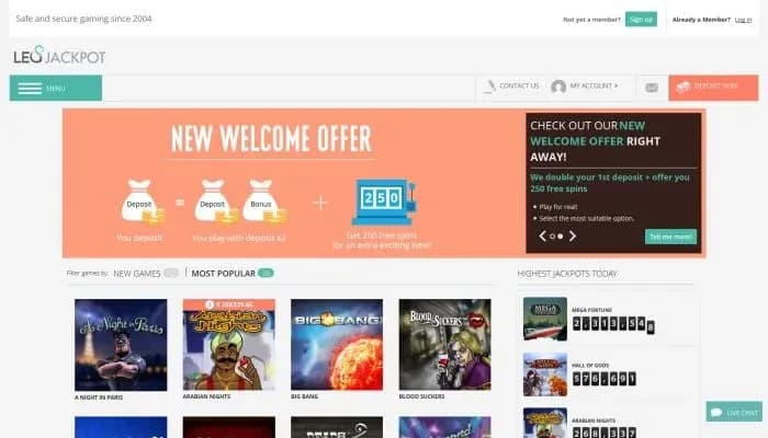 LeoJackpot Casino website screenshot