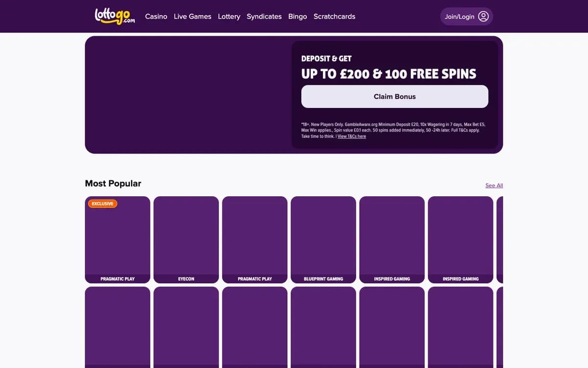 LottoGo Casino website screenshot