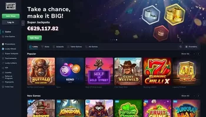 LuckyWins Casino website screenshot