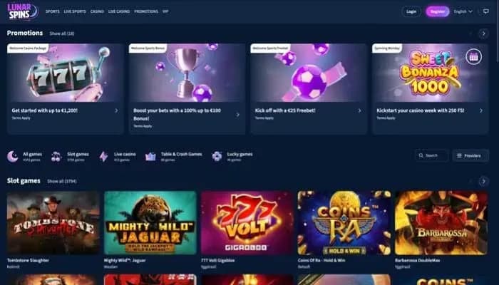 Lunarspins Casino website screenshot