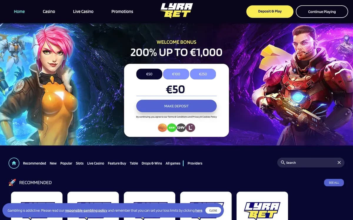 LyraBet Casino website screenshot
