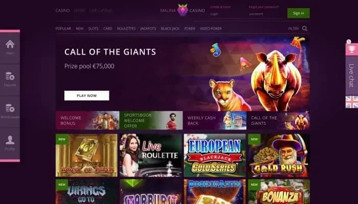 MalinaCasino website screenshot