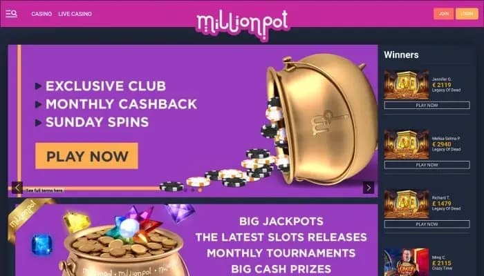 MillionPot Casino website screenshot