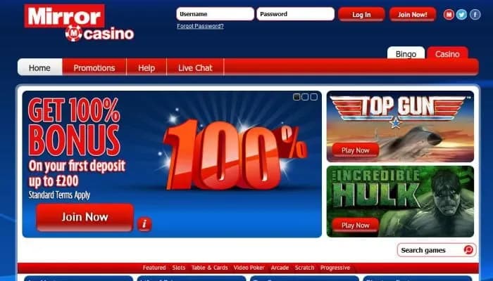 Mirror Casino website screenshot