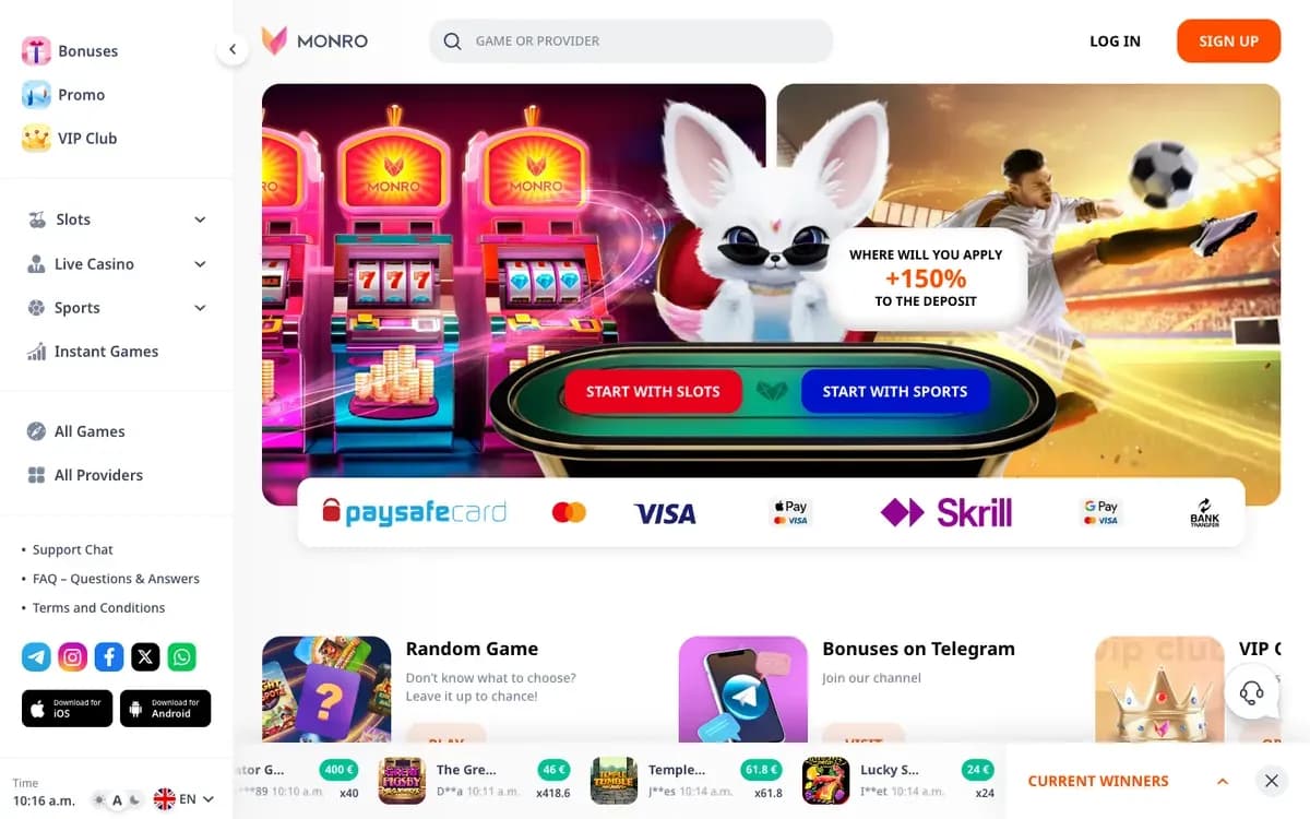 Monro Casino website screenshot