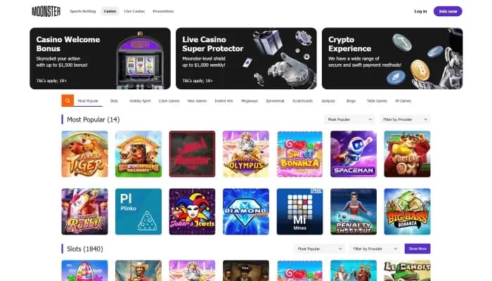 Moonster Casino website screenshot