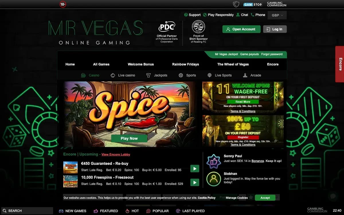 Mr Vegas Casino website screenshot