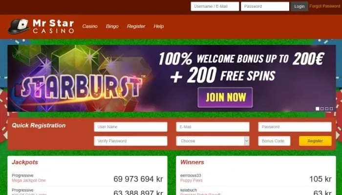 MrStar Casino website screenshot