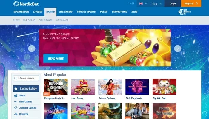 NordicBet Casino website screenshot