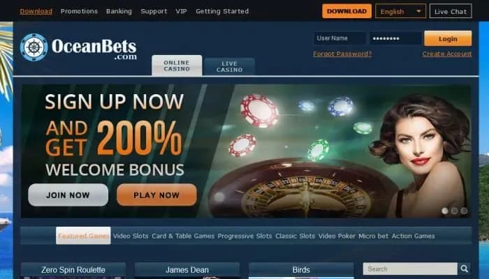 OceanBets Casino website screenshot
