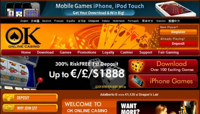 OK Online Casino website screenshot