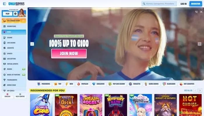OnlySpins Casino website screenshot