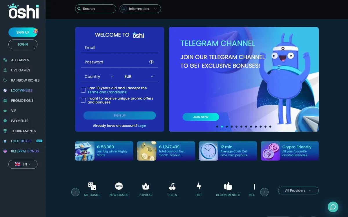 Oshi Casino website screenshot
