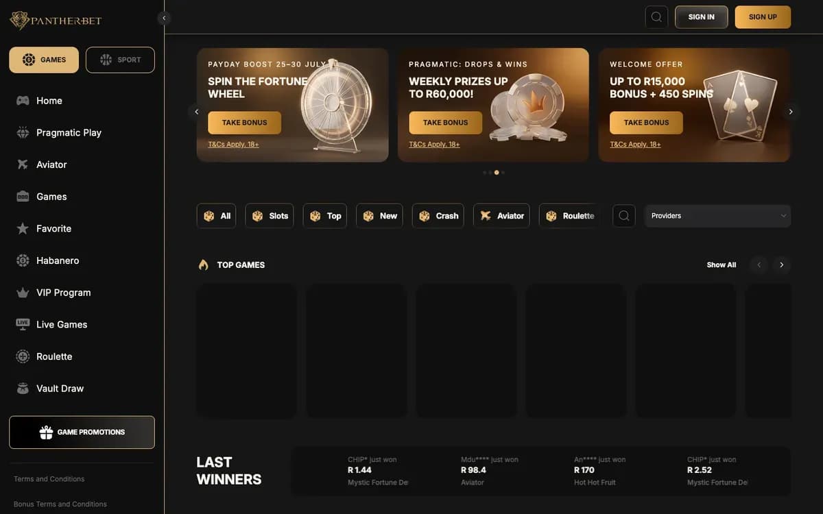 PantherBet Casino website screenshot