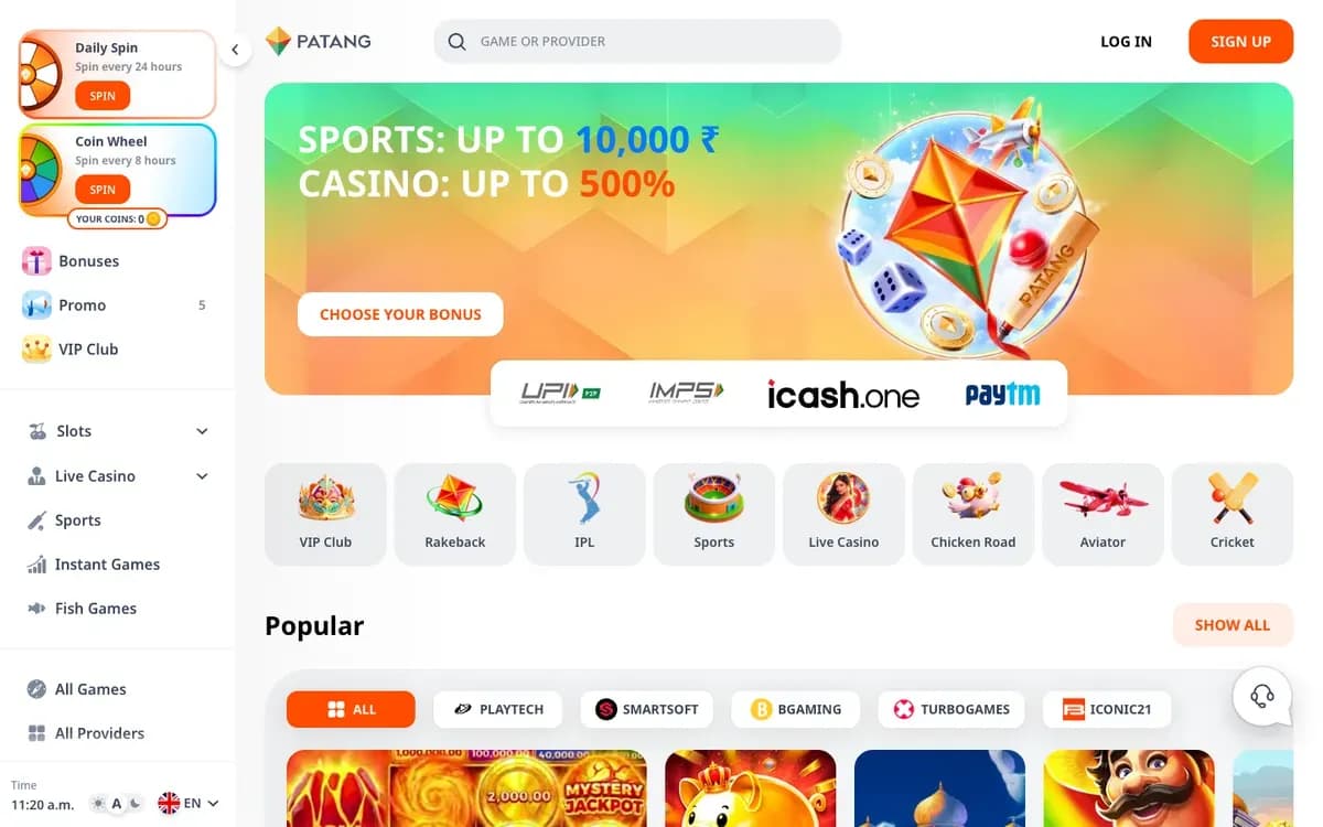 Patang Casino website screenshot