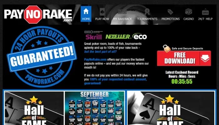 PayNoRake Casino website screenshot