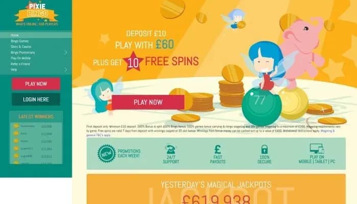 Pixie Bingo Casino website screenshot