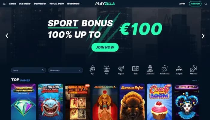 PlayZilla Casino website screenshot