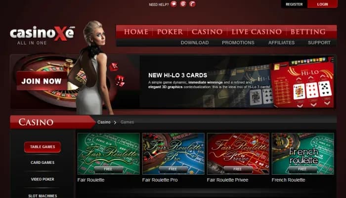 PokerXe Casino website screenshot