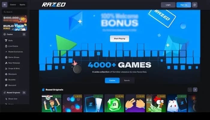 Razed Casino website screenshot