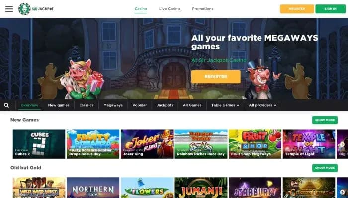Sir Jackpot Casino website screenshot