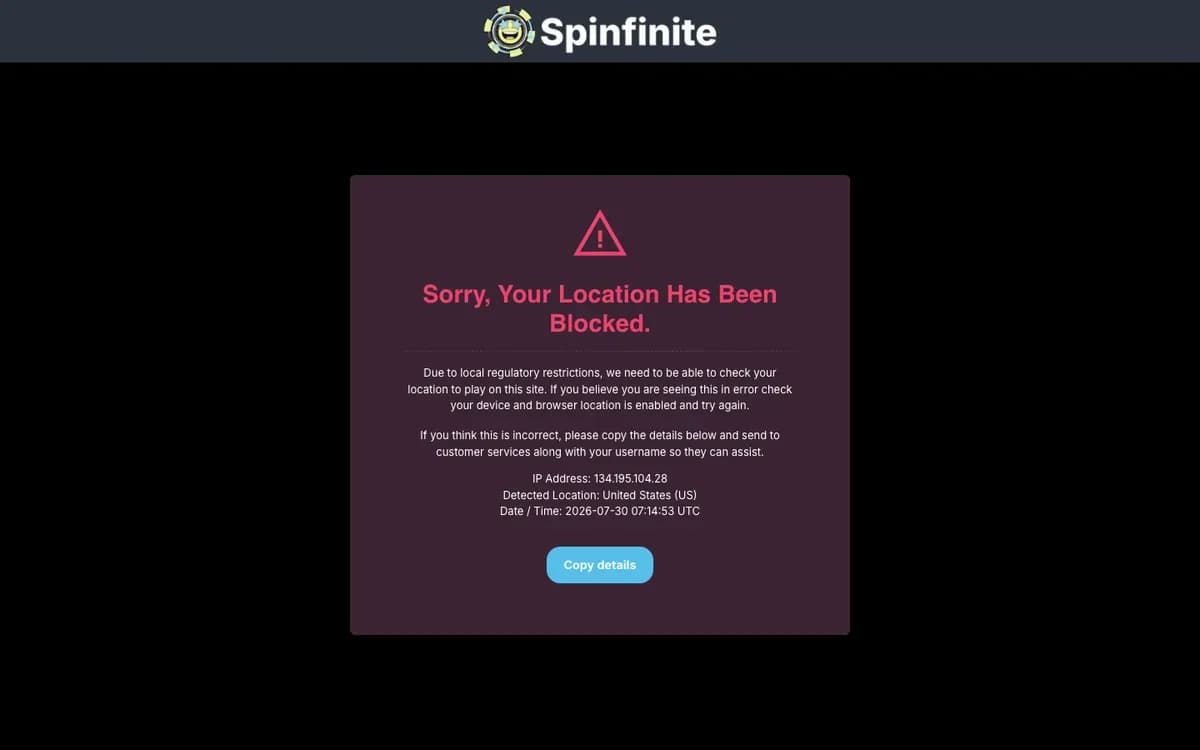 Spinfinite Casino website screenshot