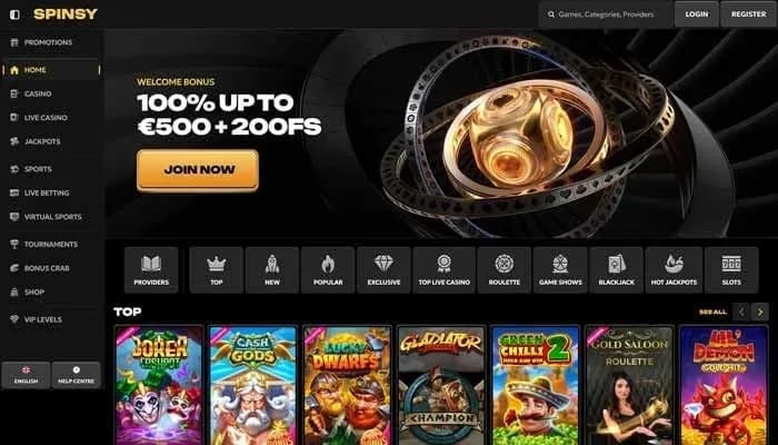 Spinsy Casino website screenshot