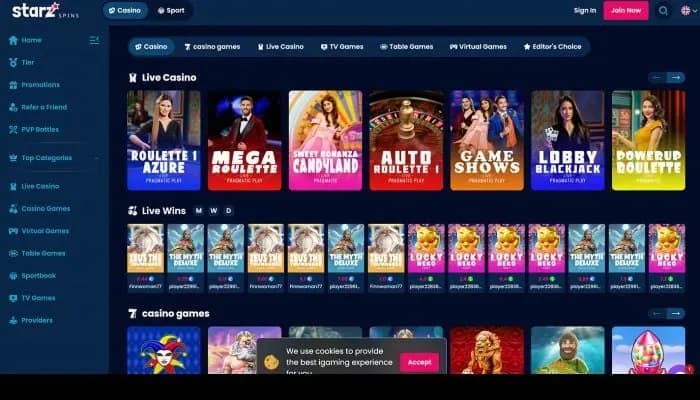 Starz Spins Casino website screenshot
