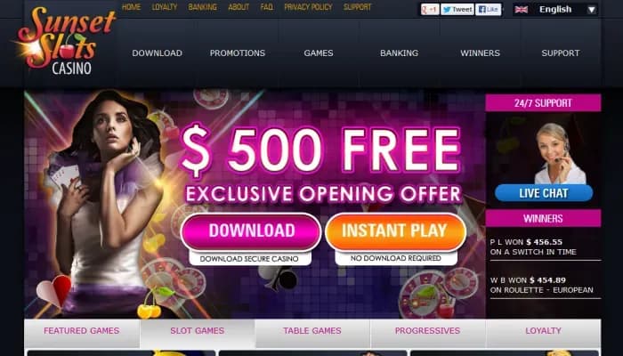 Sunset Slots Casino website screenshot