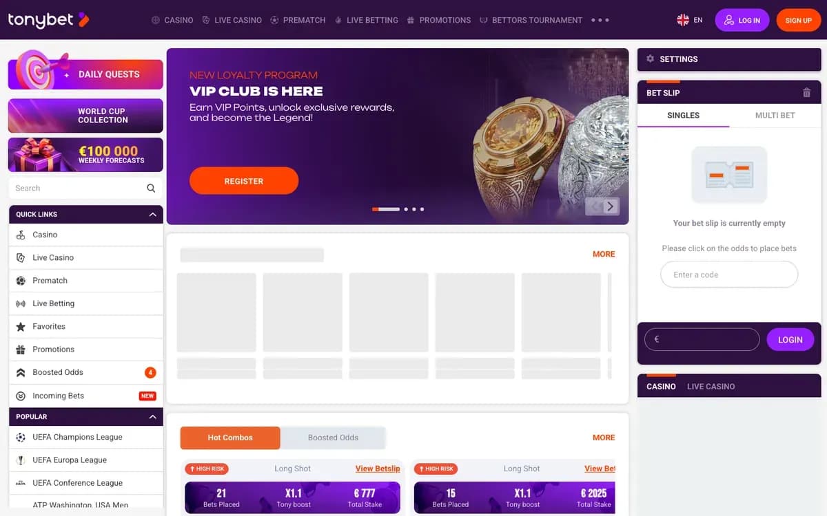 TonyBet Casino website screenshot