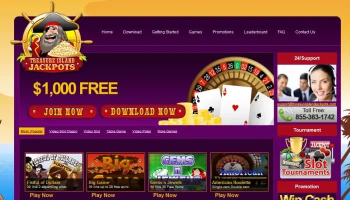 Treasure Island Jackpots Casino website screenshot