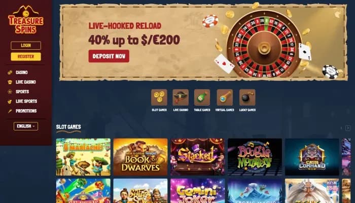 Treasure Spins Casino website screenshot