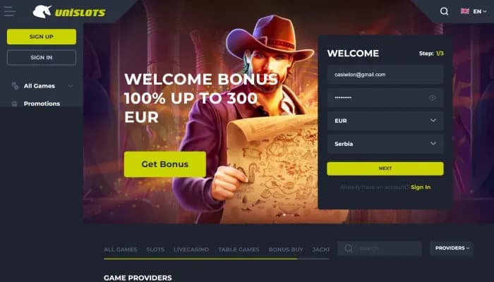 Unislots Casino website screenshot