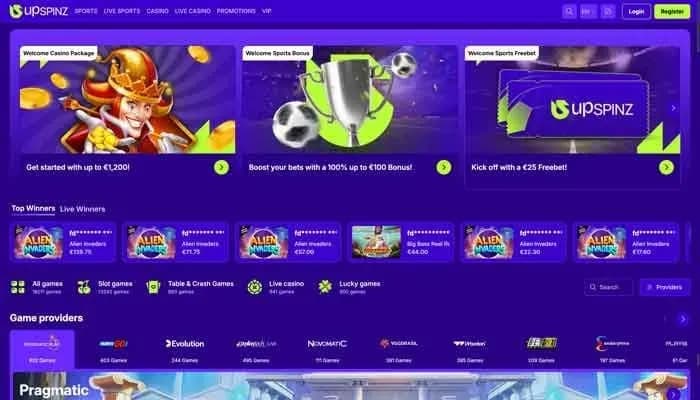 UpSpinz Casino website screenshot