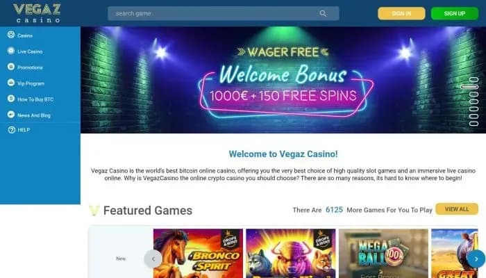 Vegaz Casino website screenshot